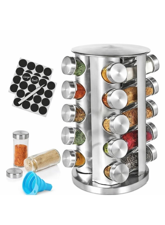 رف دوار منظم للتوابل و البهارات  مع 20 علبة زجاجية فضي - Image 1